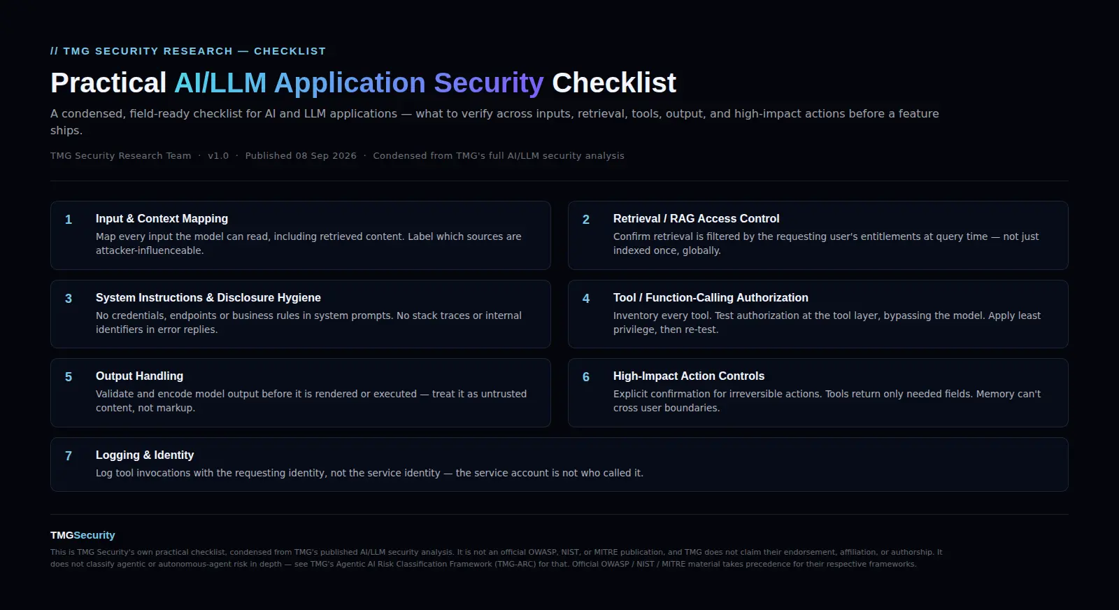 AI/LLM Application Security Checklist — one-page visual showing all seven categories with condensed testing cues for each